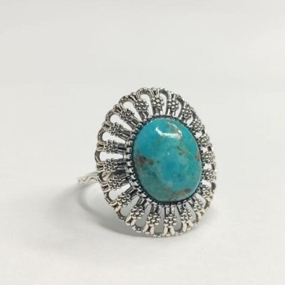 SHIVAM Ring 8 Sterling Silver Scroll Filigree Blue Turquoise Marcasite Boho - Picture 4 of 8